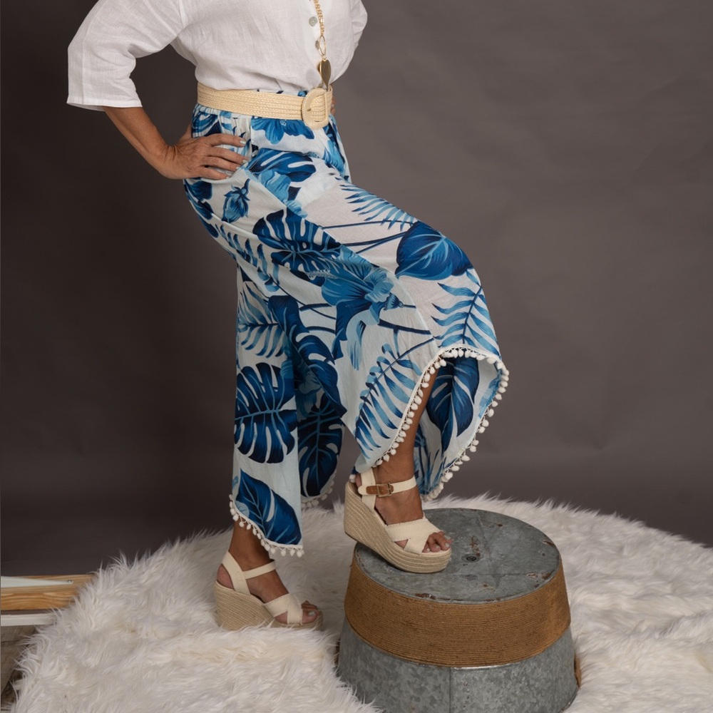 Blue Tropical Print Pants